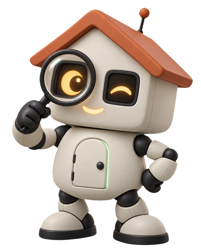 Mascote do Acha Dono: um robô com cabeça de casinha olhando por uma lupa